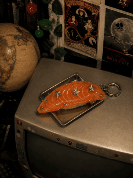 Salmon Sushi Keychain / Bag Charm|Delicate oceanic marbling, brutally stitched with metal.