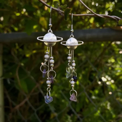 Tanfog Celestial Saturn Earrings | Rainbow Fluorite Raw Stone Dangles