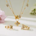 Tanfog Floral Zircon Jewelry Collection | Tarnish-Free Titanium Steel Necklace & Ring Set